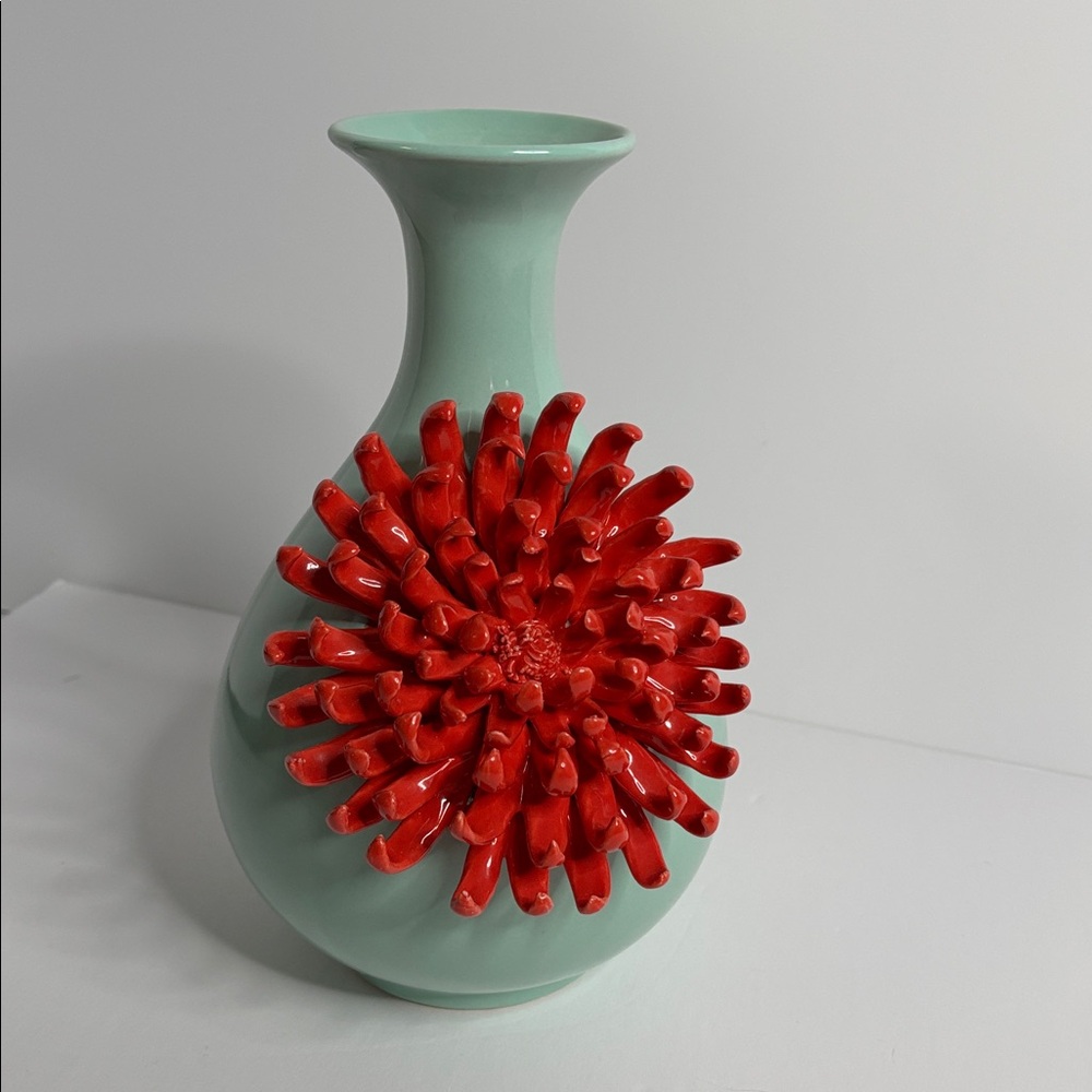 Anthropologie 3D Applied Chrysanthemum Vase Light Blue & Coral (approx 9.25โ) - Picture 11 of 16